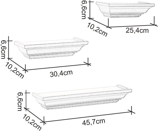 Rootz Barockstil Vägghylla Set - Flytande hyllor - Dekorativ display - Högkvalitativ MDF - Fuktbeständig - 45,7 cm, 30,4 cm, 25,4 cm