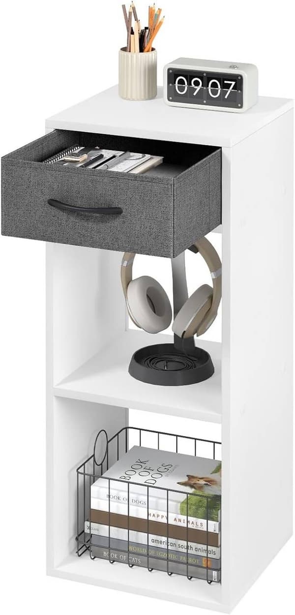 Rootz bokhylla med låda - Förvaringsorganisator - Vertikal stående hylla - Utrymmesbesparande - E1 trämaterial - 32,4 cm x 80 cm x 30 cm