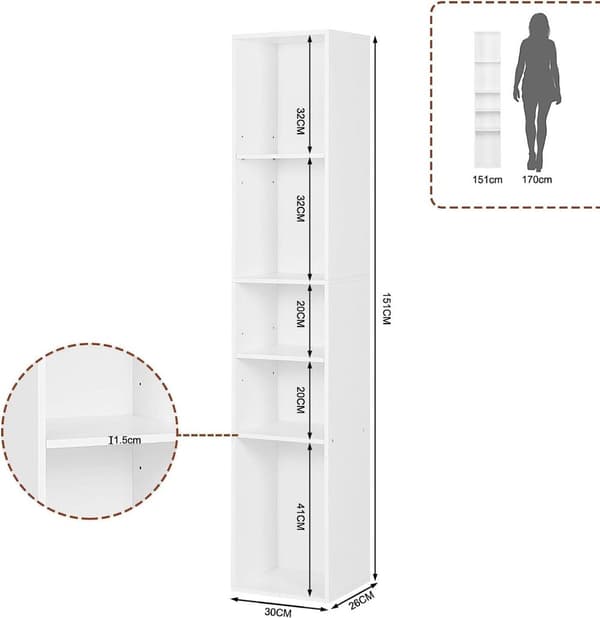 Rootz Bogreol Opbevaringsenhed - 5 Hylde Træ Bogreol - Organizer Display Stand - Alsidige møbler - 30 cm x 151 cm x 26 cm