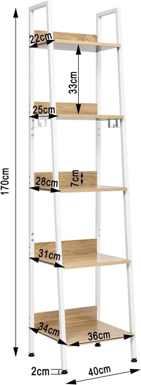 Rootz Industrial Style 5-vånings steghylla med krokar - Rustik bokhylla - Ståhylla - Ek MDF - 40 cm x 170 cm x 36 cm