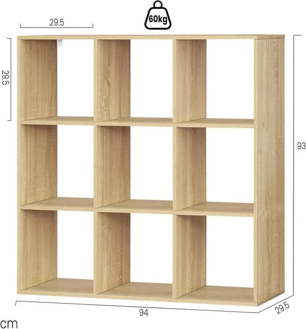 Rootz skandinavisk bogreol - Kubehylde - Åben displayhylde - E1 træmateriale - 94cm x 93cm x 29,5cm - Hvid/Lys eg - 9 rum