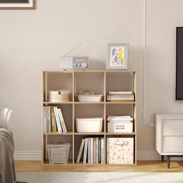 Rootz skandinavisk bogreol - Kubehylde - Åben displayhylde - E1 træmateriale - 94cm x 93cm x 29,5cm - Hvid/Lys eg - 9 rum