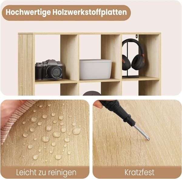 Rootz skandinavisk bogreol - Kubehylde - Åben displayhylde - E1 træmateriale - 94cm x 93cm x 29,5cm - Hvid/Lys eg - 9 rum