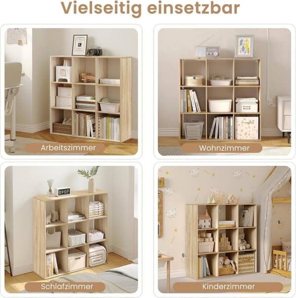 Rootz skandinavisk bogreol - Kubehylde - Åben displayhylde - E1 træmateriale - 94cm x 93cm x 29,5cm - Hvid/Lys eg - 9 rum