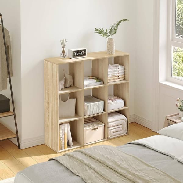 Rootz skandinavisk bogreol - Kubehylde - Åben displayhylde - E1 træmateriale - 94cm x 93cm x 29,5cm - Hvid/Lys eg - 9 rum