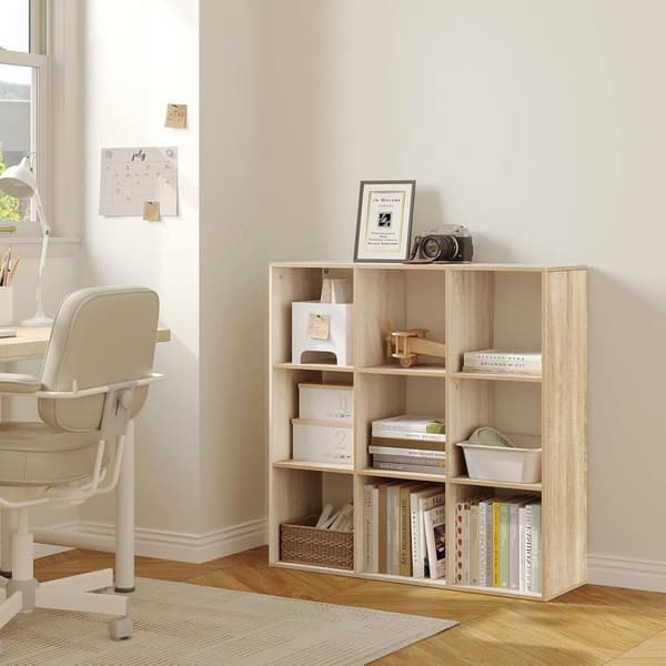 Rootz skandinavisk bogreol - Kubehylde - Åben displayhylde - E1 træmateriale - 94cm x 93cm x 29,5cm - Hvid/Lys eg - 9 rum