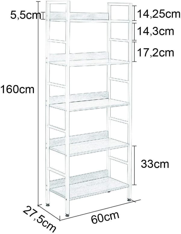 Rootz seisova hylly - Kirjahylly - Järjestäjä - Moderni muotoilu - 60 cm x 27,5 cm x 160 cm - Mk MDF-levyä ja terästä - Helppo koota