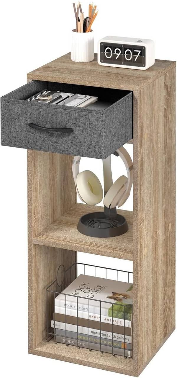Rootz Lille reol med skuffe - Stående hylde - Vitrineskab - Pladsbesparende - 32,4 cm x 80 cm x 30 cm - E1 Wood - Kategoriseret opbevaring