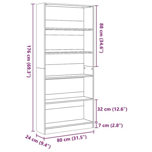 vidaXL Bokhylle høyglans hvit 80x24x176 cm konstruert tre