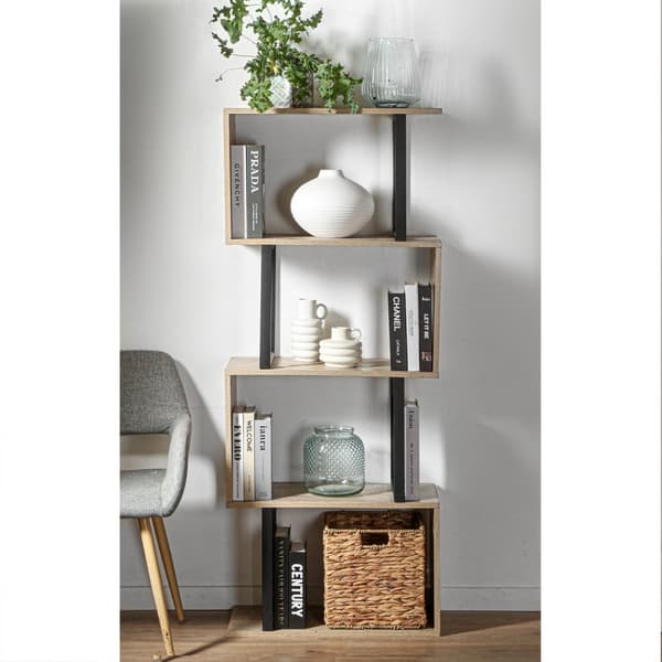 Bokhylla 4 nivåer trädekor och metallstolpar - H148 cm