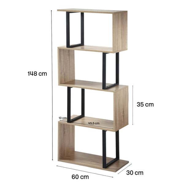 Bokhylla 4 nivåer trädekor och metallstolpar - H148 cm