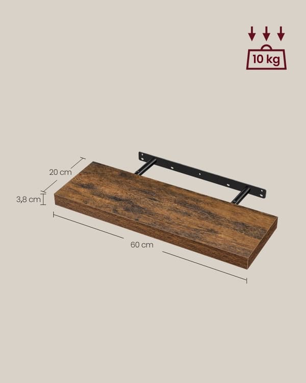 Rootz 4-delt væghyldesæt - Flydende hylder - Vintage brun - MDF og stål - 20 x 60 x 3,8 cm - Maks. 10 kg bæreevne