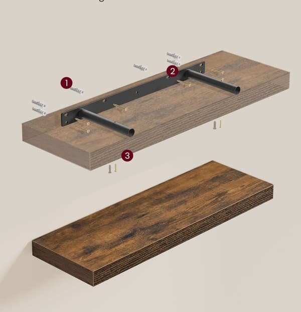 Rootz 4-delt væghyldesæt - Flydende hylder - Vintage brun - MDF og stål - 20 x 60 x 3,8 cm - Maks. 10 kg bæreevne