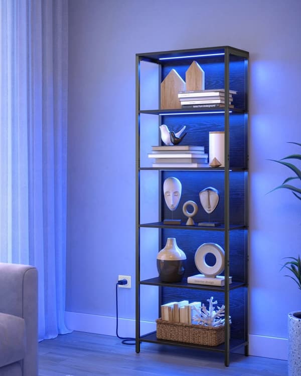 Rootz 6-tiers reol med lys - Displayhylde - Opbevaringsorganisering - Stål og spånplade - Ibenholtsort - 30,3 cm x 60 cm x 178,6 cm