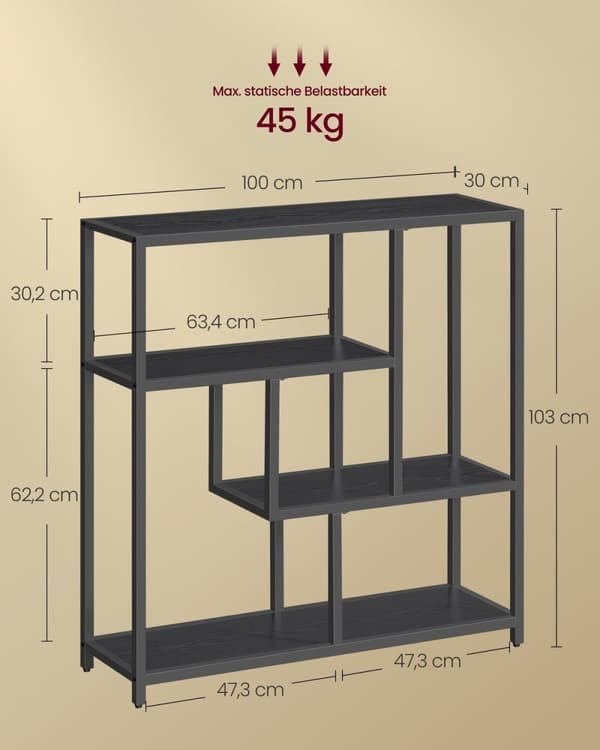 Rootz kirjahylly 4 hyllyllä - Ebony Black - Muste musta - Lastulevy ja teräsmateriaali - 30cm x 100cm x 103cm - Kevyt - Tukeva