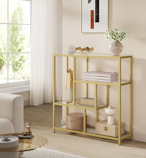 Rootz Glas reol - Hylde Organizer - Display Stand - Hærdet glas - Stålramme - 30 cm x 100 cm x 103 cm - Gennemsigtig bleg guld