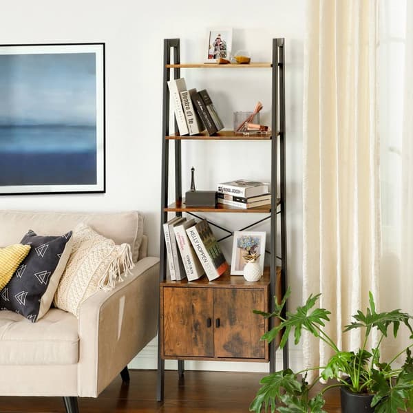 Bokhylla - Stående stege rack med skåp - industriell design - brun/svart