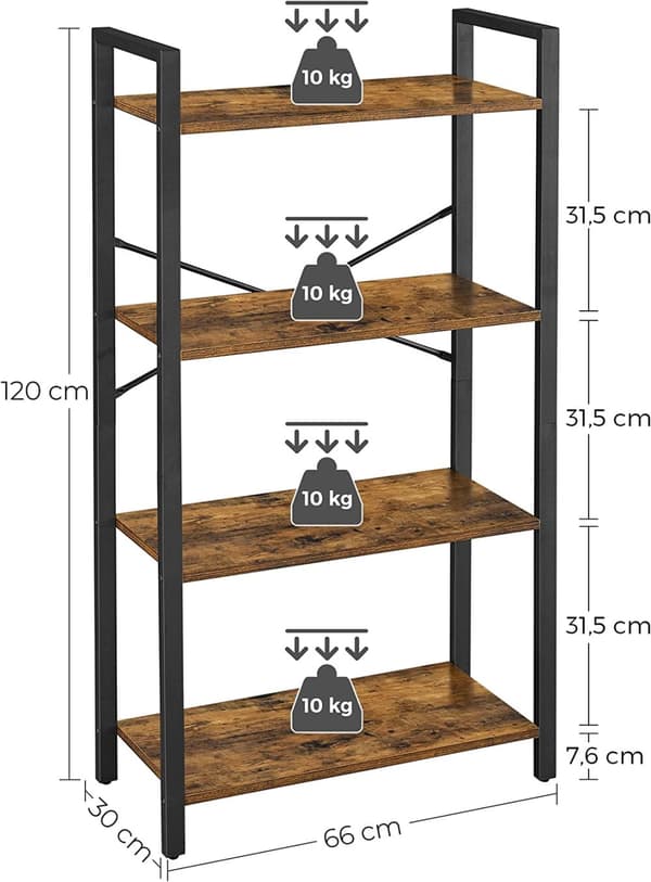 Bogreol - 4 niveauer - Opbevaringsstativ med stålramme - 120 cm høj - brun/sort