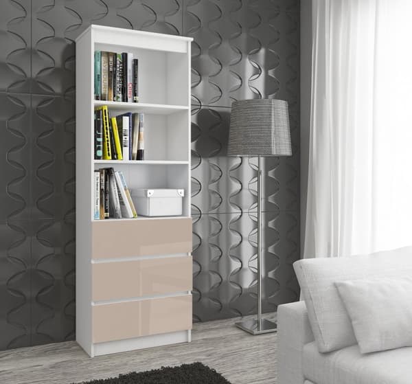 KONTORREOL R 60 cm CLP 3 SKUFFE 2 HYLLER HVID / CAPPUCCINO GLANSET