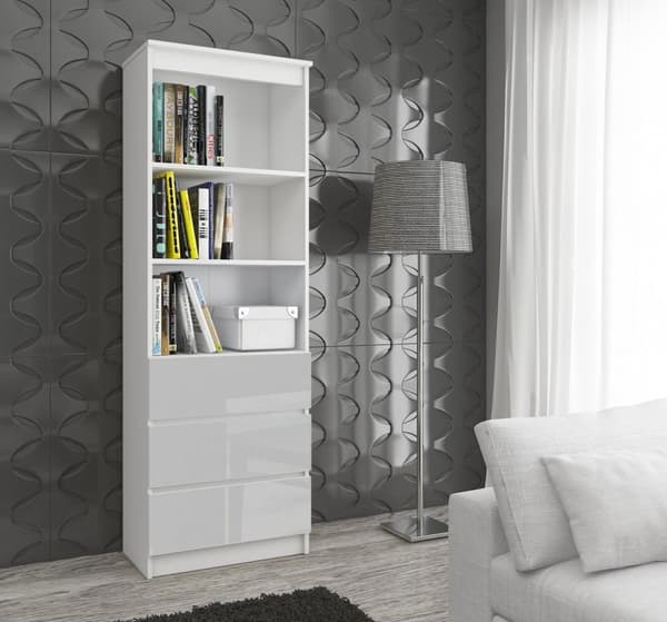 KONTORSHYLLA R 60 cm CLP 3 LÅDOR 2 HYLLOR VIT / METALLISK GLANS
