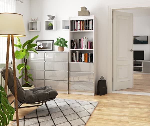 KONTORSHYLLA R 60 cm CLP 3 LÅDOR 2 HYLLOR VIT / METALLISK GLANS