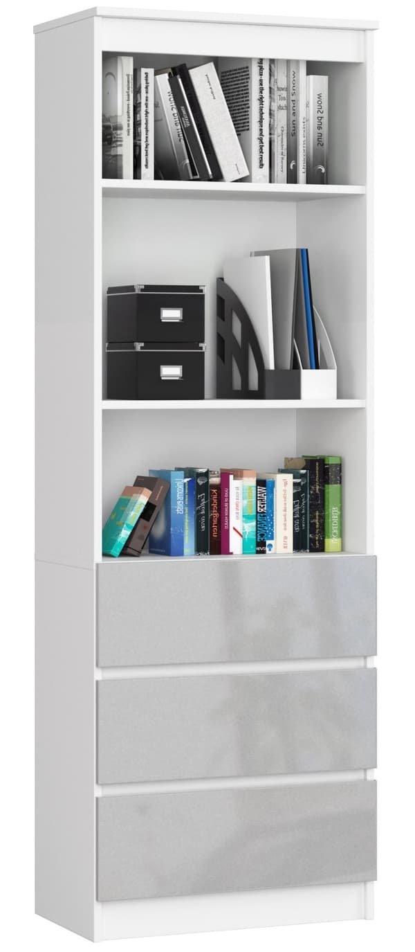 KONTORSHYLLA R 60 cm CLP 3 LÅDOR 2 HYLLOR VIT / METALLISK GLANS