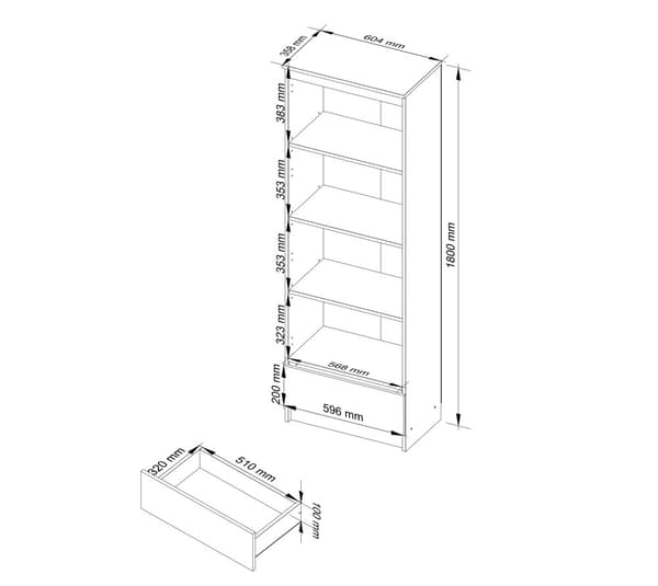 REGALE R 60 cm CLP 1 SKUFFE 4 HYLDER HVID / HVID HØJ GLANS