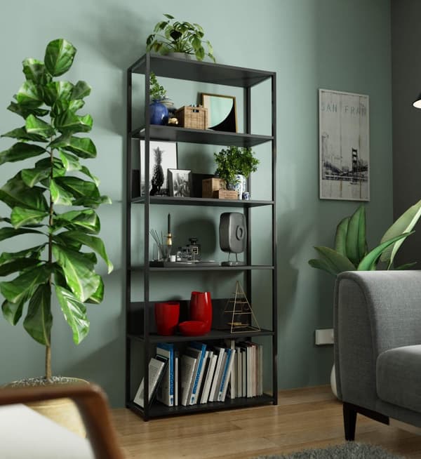Metallinen loft-hylly 80 cm - musta-musta - 6 hyllyä