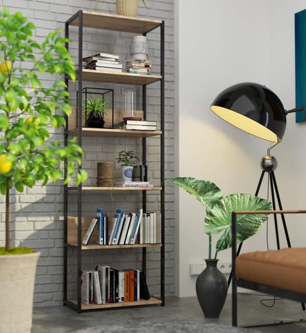 Metallinen loft-hylly 60 cm - musta-sonoma tammi - 6 hyllyä