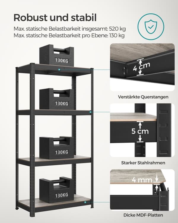 Pysyvä hylly - 40 × 80 × 160 cm - 4 säädettävällä hyllyllä