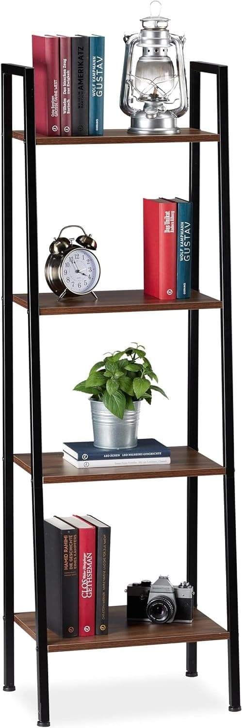 Moderne 4-hylde åbent skab, hurtig 30-min samling, mørkt træ & sort metal, 148x60x35cm