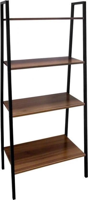 Moderne 4-hylde åbent skab, hurtig 30-min samling, mørkt træ & sort metal, 148x60x35cm