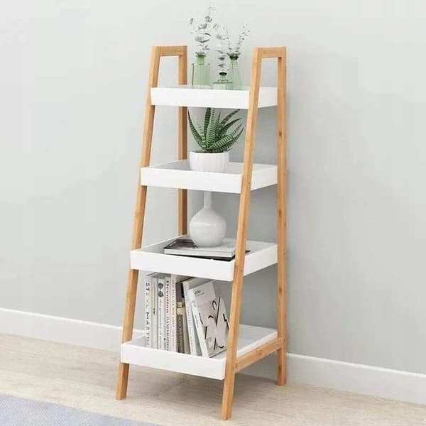 Modern vit bokhylla med sneddesign - 4 hyllor, hållbart Spaan, MDF & bambu - Perfekt för stilfull förvaring