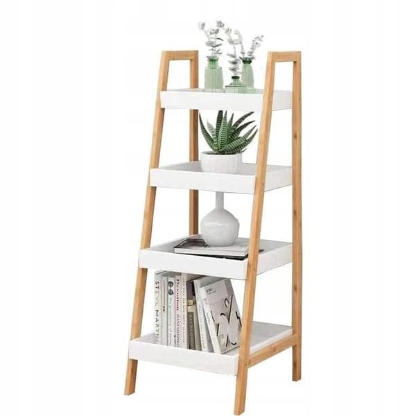Modern vit bokhylla med sneddesign - 4 hyllor, hållbart Spaan, MDF & bambu - Perfekt för stilfull förvaring