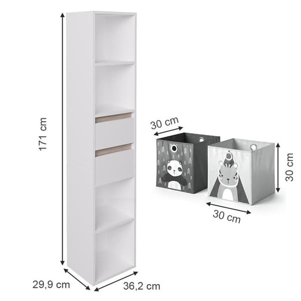 Robert barnbokhylla, 36,2x171cm med grå hopfällbara lådor, Vit, Vit, Vicco