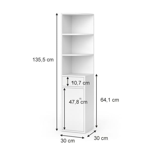Larry hörnhylla, 30x135,5cm med lucka och låda, Vit, Vicco