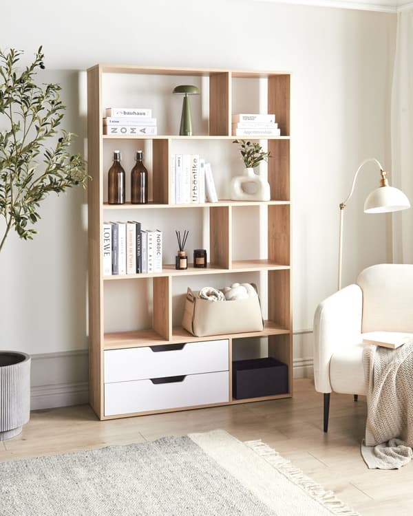 5-lags Bokhylle Hyller i Lyst Tre Hvit Ramme 2 Skuffer Oppbevaring