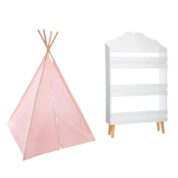 Bibliotek moln vit 3 hyllor + Tipi dekoration rosa H160 för barn