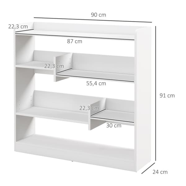 Rootz Bogreol Hylde - Opbevaringsmøbler - Boghylde - Kompakt design - 90L X 24W X 91H CM - Elegant & alsidig 4 -niveau spånplade i hvidt