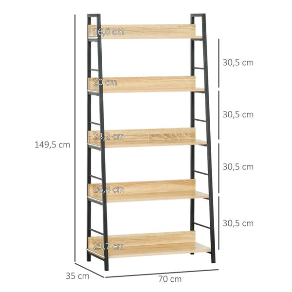 Rootz Inconced Industrial Bogreol - 5 Tier Shelf - Living Room Storage - Holdbar MDF & Metal - 70L x 35W x 149,5 timer cm - Brun, sort finish