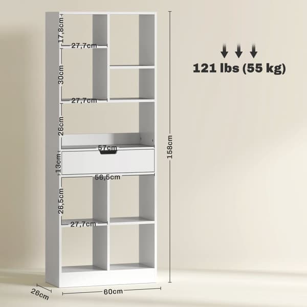 Rootz Multi -Purpose bogreol - Hylde med rum - Opbevaringsenhed - Anti -Tilt -sikkerhed - 60 x 26 x 158 cm, hvid