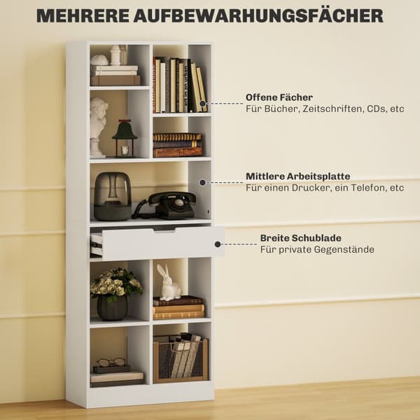 Rootz Multi -Purpose bogreol - Hylde med rum - Opbevaringsenhed - Anti -Tilt -sikkerhed - 60 x 26 x 158 cm, hvid