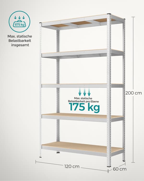 5-lags hylde, stålhylde til opbevaring, til garage, skur, bæreevne 875 kg, sølv