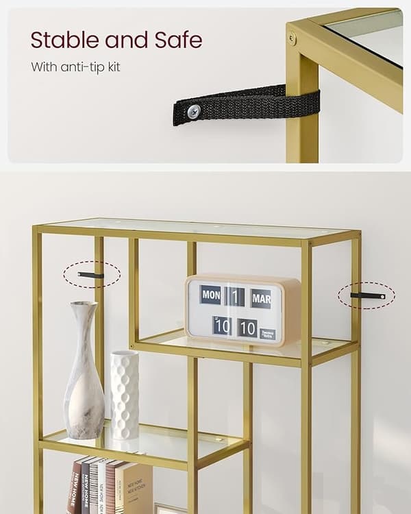Bogreol, 6-lags Høj, Displayhylde, 30 X 80 X 180 Cm, Stue, Soveværelse, Køkken, Metallisk Guld