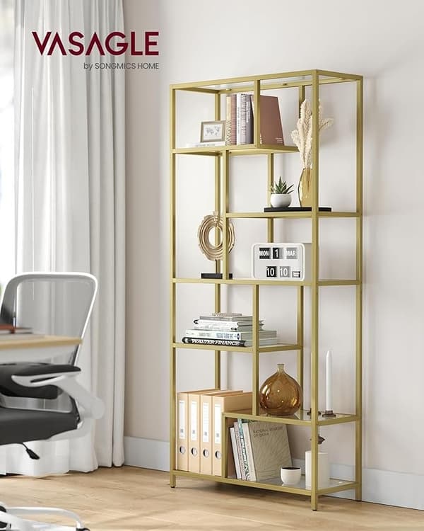 Bogreol, 6-lags Høj, Displayhylde, 30 X 80 X 180 Cm, Stue, Soveværelse, Køkken, Metallisk Guld