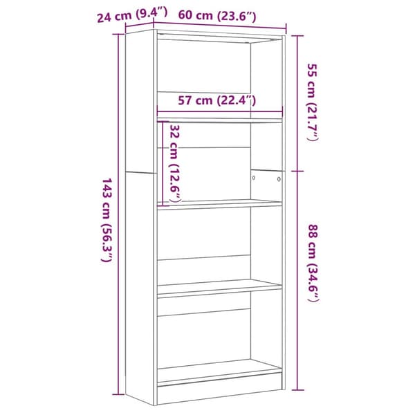 vidaXL Svart Eik Bokhylle - 60 x 24 x 143 cm - Laget av Konstruert Tre