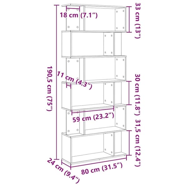 vidaXL Bokhylla svart ek 80x24x190,5 cm konstruerat trä