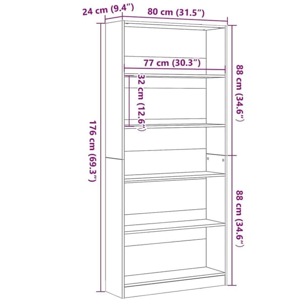 vidaXL bogreol 80x24x176 cm konstrueret træ sort egetræsfarve