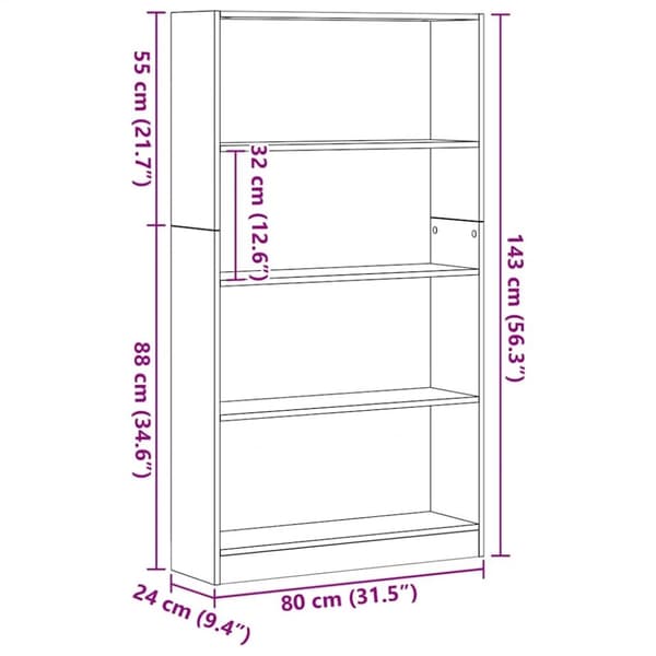 vidaXL bogreol 4 hylder 80x24x143 cm konstrueret træ sort egetræsfarve