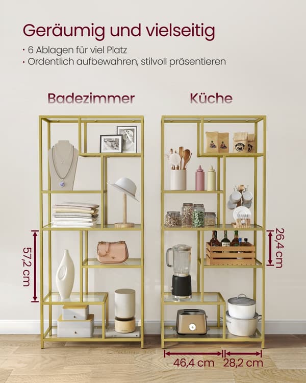 Bogreol, VASAGLE, 30 x 80 x 180 cm, Metallisk Guld.